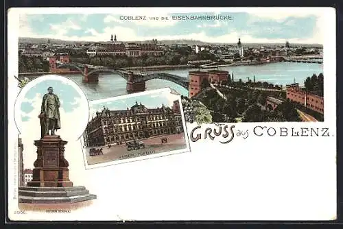 Lithographie Coblenz, Goeben-Denkmal, Kaiserl. Postamt, Totale mit Eisenbahnbrücke