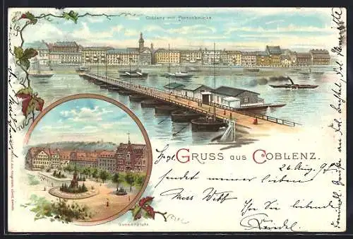 Lithographie Coblenz, Flusspartie mit Blick auf die Häuser