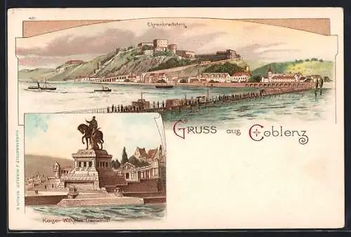 Lithographie Coblenz, Burg Ehrenbreitenstein, Kaiser Wilhelm Denkmal