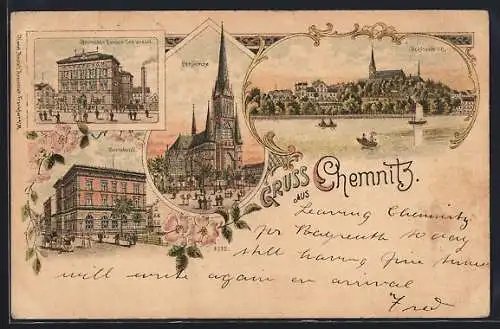 Lithographie Chemnitz, Reichsbank, Petrikirche, Öffentliche Handels-Lehranstalt