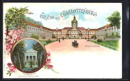 Lithographie Berlin-Charlottenburg, Schloss und Mausoleum bei Vollmond