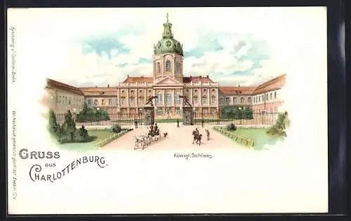 Lithographie Berlin-Charlottenburg, Kgl. Schloss, Frontansicht mit Kutsche