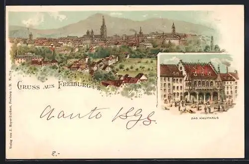 Lithographie Freiburg i. B., Kaufhaus mit Vorplatz, Ortsansicht mit Bergpanorama