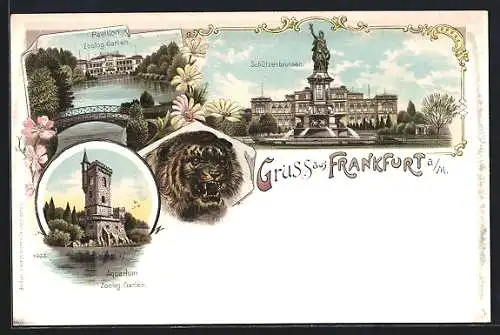 Lithographie Frankfurt-Ostend, Schützenbrunnen, Aquarium und Pavillon im Zoologischen Garten