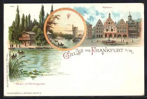 Lithographie Frankfurt-Ostend, Ballon über dem Weiher im Zoologischen Garten, Weiher im Palmengarten