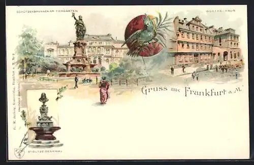 Lithographie Frankfurt a. M., Goethe-Haus, Schützenbrunnen am Tiergarten, Papagei