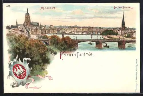 Lithographie Frankfurt a. M., Mainansicht mit Sachsenhausen u. Brücken, Wappen