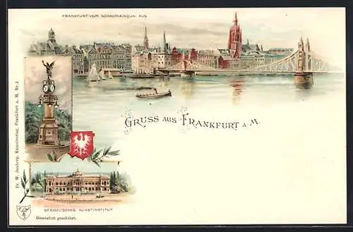 Lithographie Frankfurt-Sachsenhausen, Panorama vom Schaumainquai aus, Städelsches Kunstinstitut, Wappen