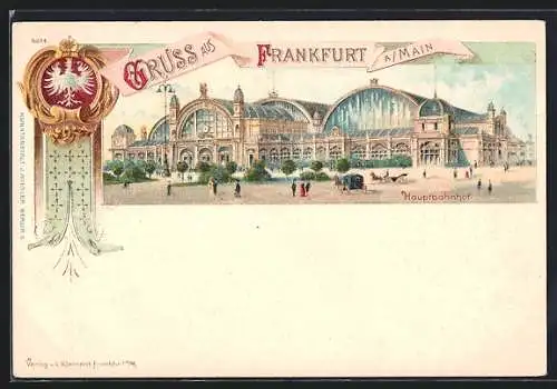 Lithographie Frankfurt a. M., Hauptbahnhof mit Anlagen, Wappen