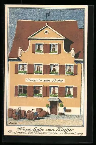 Künstler-AK Künstlerbund Karlsruhe: Meersburg, Restaurant Weinstube zum Becher, Jugendstil