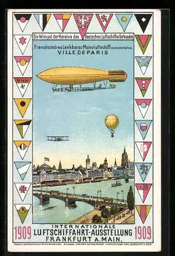 Künstler-AK Frankfurt a. M., Internationale Luftschiffahrt-Ausstellung 1909, Lenkbares Motorluftschiff Ville de Paris