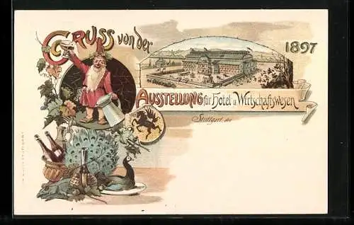 Lithographie Ganzsache PP 11 C25: Stuttgart, Ausstellung für Hotel- und Wirtschaftswesen 1897, Zwerg mit Wappen