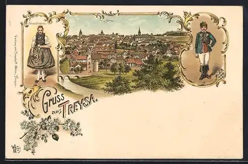 Lithographie Treysa, Schwälmerin in Tracht, Ortsansicht aus der Vogelschau