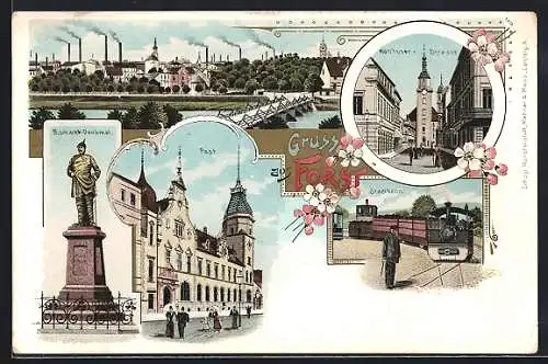 Lithographie Forst, Bismarck-Denkmal, Post und Kottbusser Strasse