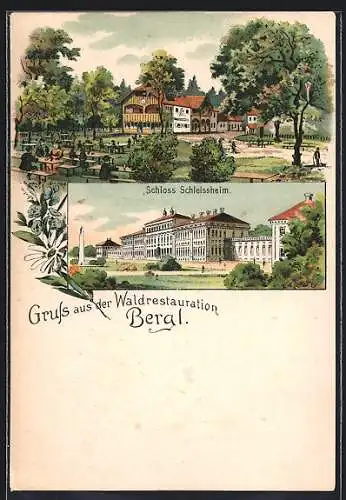 Lithographie Oberschleissheim, Waldrestaurant Bergl, Schloss Schleissheim