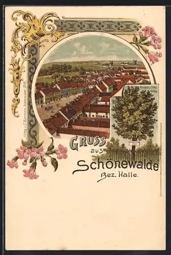 Lithographie Schönewalde /Halle, Friedenslinde, Blick über die Dächer