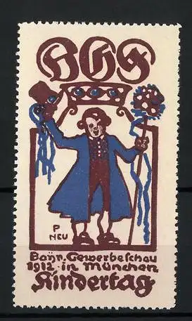 Künstler-Reklamemarke Paul Neu, München, Kindertag 1912, Knabe grüsst mit seinem gezogenen Hut