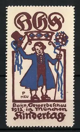 Künstler-Reklamemarke Paul Neu, München, Kindertag 1912, Knabe grüsst mit seinem gezogenen Hut