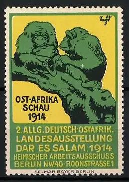 Reklamemarke Berlin, 2. Allg. Deutsch-Sotafrik. Landesausstellung Dar Es Salam 1914, zwei Affen auf einem Ast