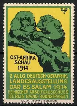 Reklamemarke Berlin, 2. Allg. Deutsch-Sotafrik. Landesausstellung Dar Es Salam 1914, zwei Affen auf einem Ast