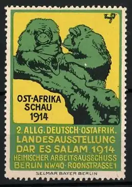 Reklamemarke Berlin, 2. Allg. Deutsch-Sotafrik. Landesausstellung Dar Es Salam 1914, zwei Affen auf einem Ast