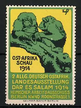 Reklamemarke Berlin, 2. Allg. Deutsch-Sotafrik. Landesausstellung Dar Es Salam 1914, zwei Affen auf einem Ast