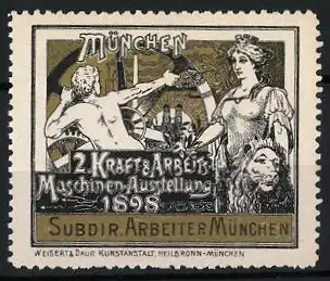 Reklamemarke München, 2. Kraft & Arbeits-Ausstellung 1898, Arbeiter am Zahnrad, Göttin mit Löwen