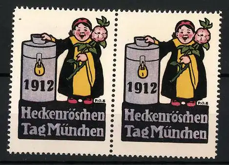 Künstler-Reklamemarke P. O. Engelhardt, München, Heckenröschentag 1912, Münchner Kindl mit Rübe