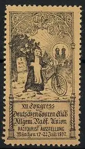 Reklamemarke München, XII. Congress des Deutschen Touren Club Allgem. Radf. Union 1897, Münchner Kindl mit Fahrrad