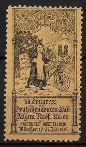 Reklamemarke München, XII. Congress des Deutschen Touren Club Allgem. Radf. Union 1897, Münchner Kindl mit Fahrrad