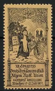 Reklamemarke München, XII. Congress des Deutschen Touren Club Allgem. Radf. Union 1897, Münchner Kindl mit Fahrrad