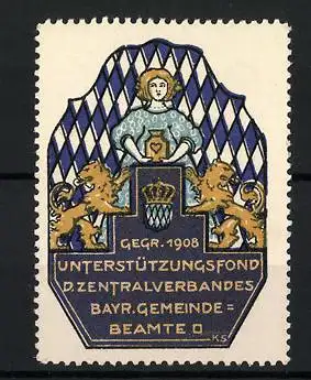 Reklamemarke Unterstützungsfond d. Zentralverbandes d. Bayr. Gemeinde-Beamten, gegr. 1908, Wappen