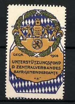 Reklamemarke Unterstützungsfond d. Zentralverbandes d. Bayr. Gemeinde-Beamten, gegr. 1908, Wappen