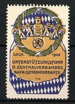 Reklamemarke Unterstützungsfond d. Zentralverbandes d. Bayr. Gemeinde-Beamten, gegr. 1908, Wappen