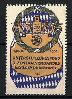 Reklamemarke Unterstützungsfond d. Zentralverbandes d. Bayr. Gemeinde-Beamten, gegr. 1908, Wappen