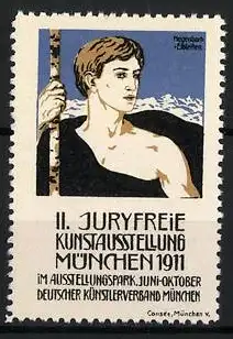 Künstler-Reklamemarke Hegenbart, München, II. Juryfreie Kunstausstellung 1911, Mann mit Wanderstock