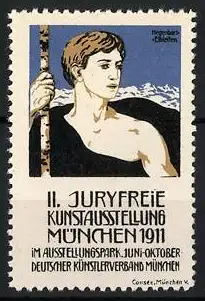 Künstler-Reklamemarke Hegenbart, München, II. Juryfreie Kunstausstellung 1911, Mann mit Wanderstock