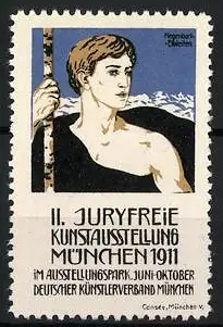 Künstler-Reklamemarke Hegenbart, München, II. Juryfreie Kunstausstellung 1911, Mann mit Wanderstock