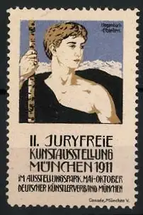 Künstler-Reklamemarke Hegenbart, München, II. Juryfreie Kunstausstellung 1911, Mann mit Wanderstock