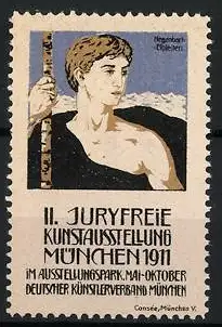 Künstler-Reklamemarke Hegenbart, München, II. Juryfreie Kunstausstellung 1911, Mann mit Wanderstock