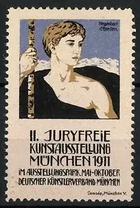 Künstler-Reklamemarke Hegenbart, München, II. Juryfreie Kunstausstellung 1911, Mann mit Wanderstock