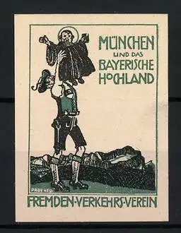 Künstler-Reklamemarke Paul Hey, München und das Bayerische Hochland, Mann hebt das Münchner Kindl in die Luft