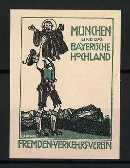 Künstler-Reklamemarke Paul Hey, München und das Bayerische Hochland, Mann hebt das Münchner Kindl