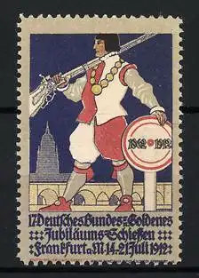 Reklamemarke Frankfurt a. M., 17. Deutsches Bundes- und Goldenes Jubiläums-Schiessen 1912, Schütze am Stadtrand