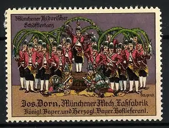 Reklamemarke München, Münchener historischer Schäfflertanz, Jos. Dorn, Mech. Fassfabrik, Mitglieder in Tracht