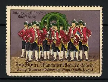 Reklamemarke München, Münchener historischer Schäfflertanz, Jos. Dorn, Mech. Fassfabrik, Mitglieder in Tracht