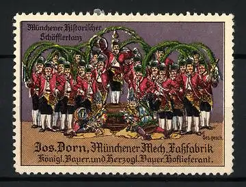 Reklamemarke München, Münchener historischer Schäfflertanz, Jos. Dorn, Mech. Fassfabrik, Mitglieder in Tracht