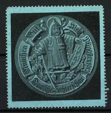 Reklamemarke München, Deutsche Fechterschau 1912, Münchner Kindl mit Wappen und Degen