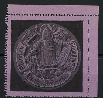 Reklamemarke München, Deutsche Fechterschau 1912, Münchner Kindl mit Wappen und Degen