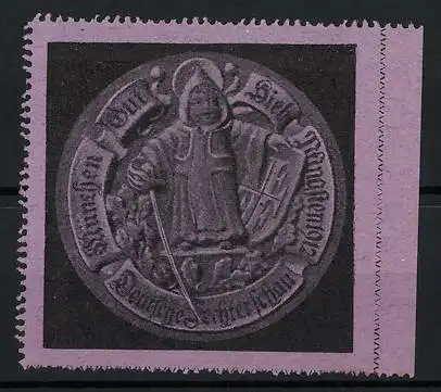 Reklamemarke München, Deutsche Fechterschau 1912, Münchner Kindl mit Wappen und Degen